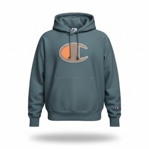 Champion Men's Blue and Orange Logo Hoodie Medium